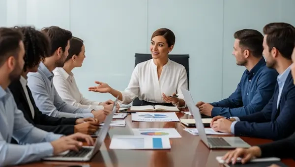 Business professional leading a team meeting, presenting charts and discussing strategy with colleagues seated around a conference table using laptops and documents.